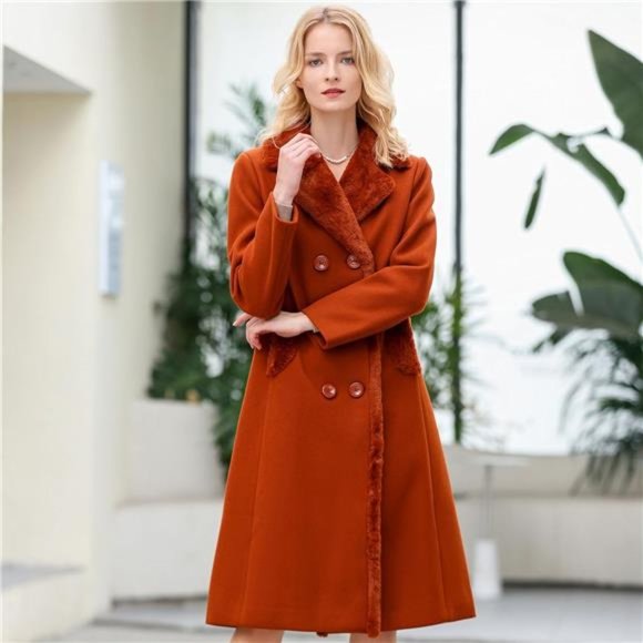 Women's Double-breasted Notched Lapel Midi Wool Blend Pea Coat Jackets - Picture 3 of 7